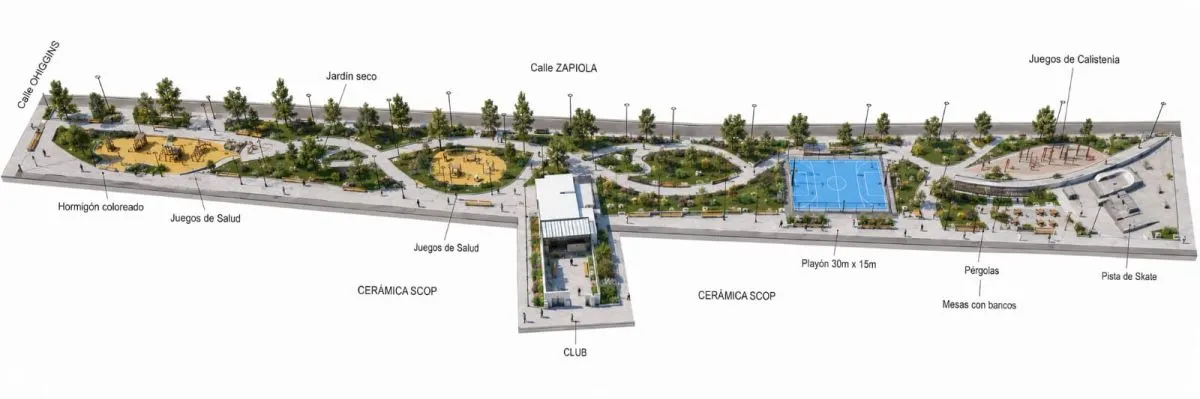 Proyecto del Paseo Indio Solari sobre calle Zapiola en Rawson