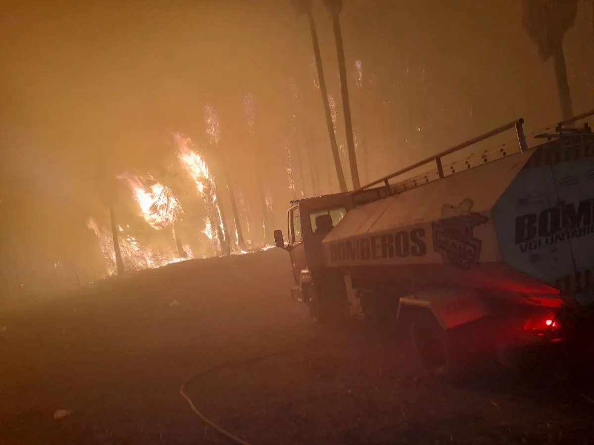 Bomberos trabajan durante incendios registrados en San Juan por el viento Zonda