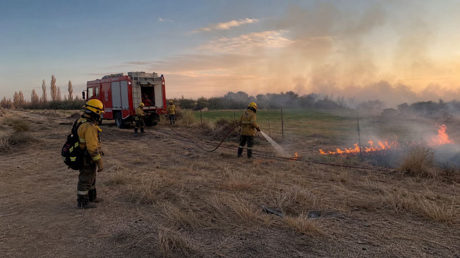 Imagen ilustrativa de bomberos controlando un incendio de pasturas en Médano de Oro
