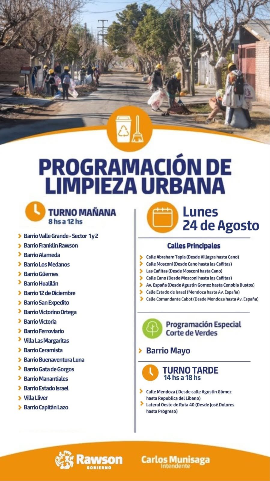 Cronograma municipal de limpieza urbana de Rawson para el lunes 24 de agosto de 2026