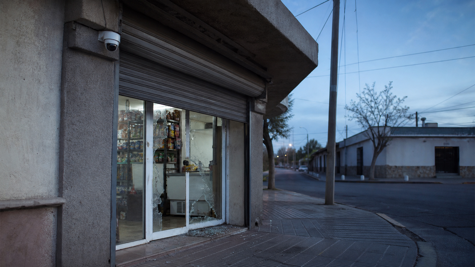 Imagen ilustrativa de la entrada de un comercio de barrio con una cámara de seguridad en Rawson