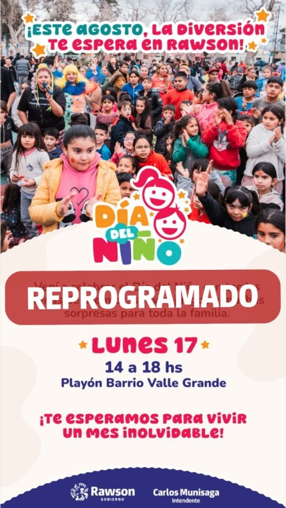 Aviso municipal de Rawson sobre la suspensión del festejo del Día del Niño en Valle Grande