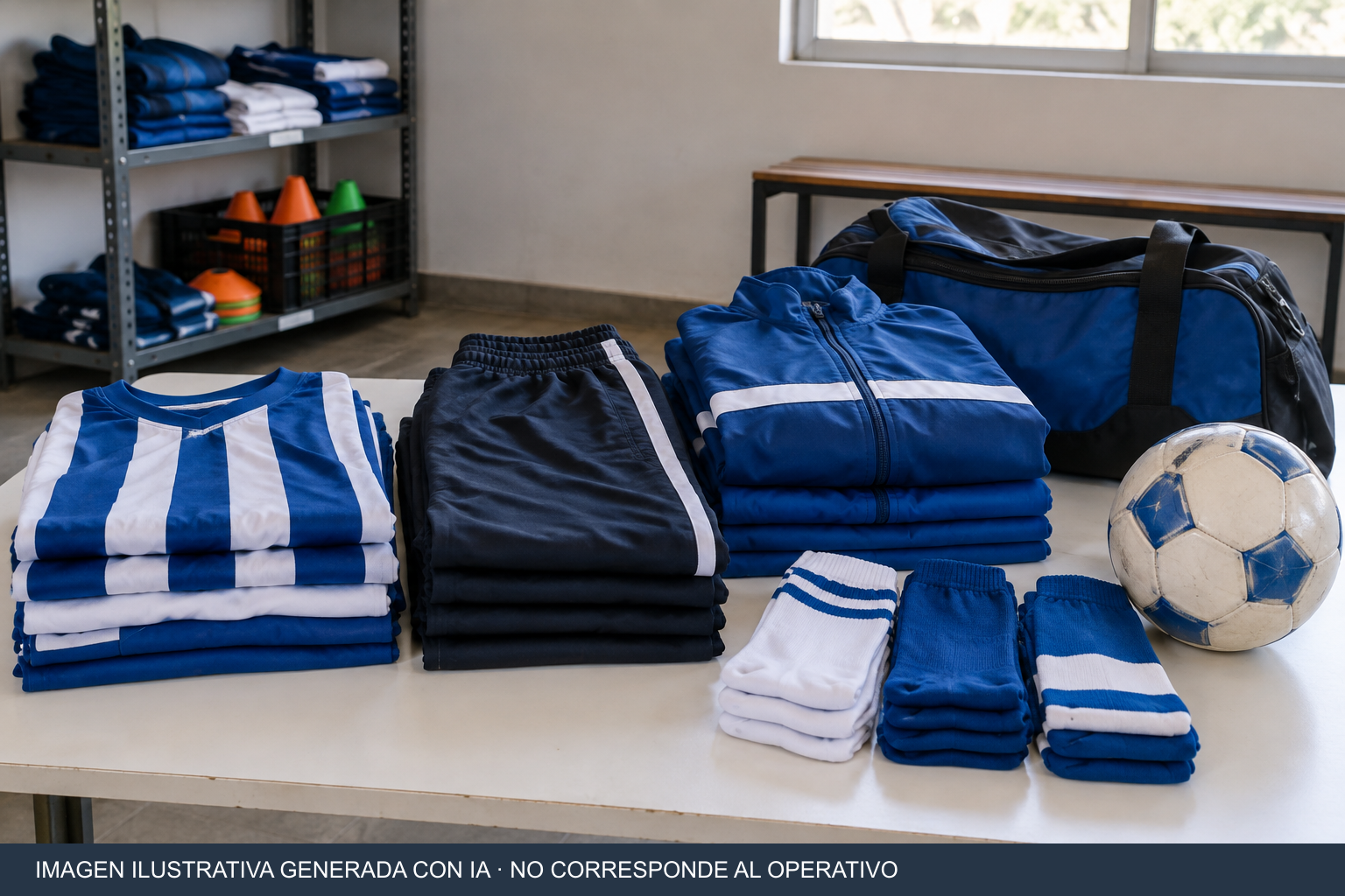Recreación ilustrativa con indumentaria deportiva azul y blanca, un bolso y una pelota de futsal sobre una mesa; no es una fotografía del procedimiento.