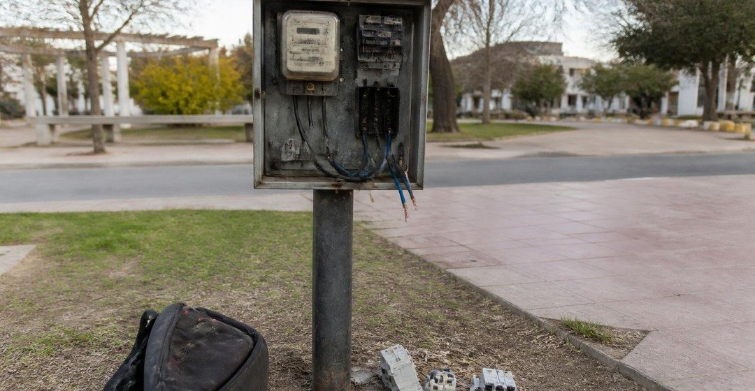 Tablero eléctrico abierto con cables cortados en una plaza. Imagen ilustrativa.