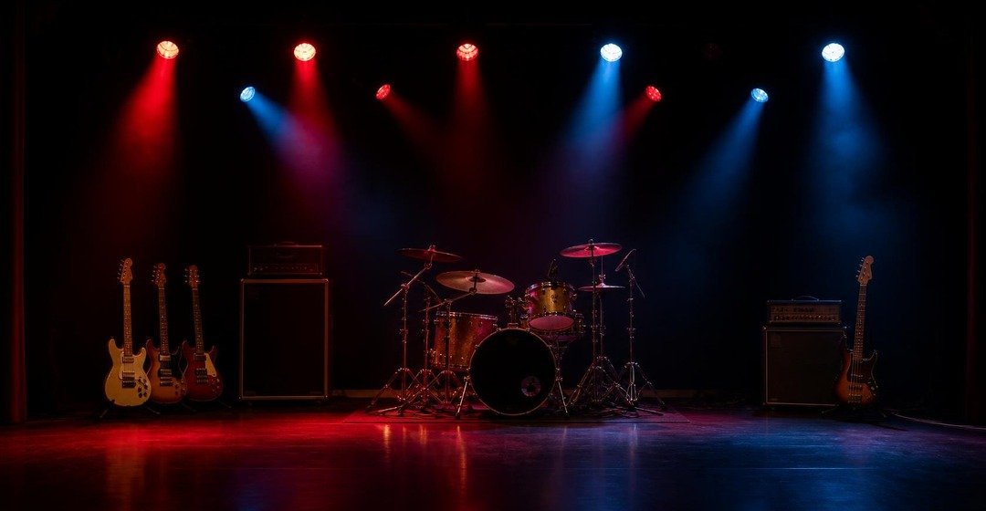Escenario de rock con guitarras y batería bajo luces rojas y azules. Imagen ilustrativa.
