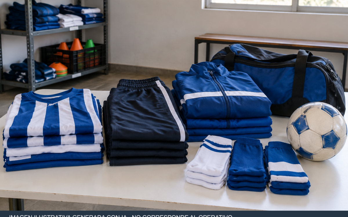 Recreación ilustrativa con indumentaria deportiva azul y blanca, un bolso y una pelota de futsal sobre una mesa; no es una fotografía del procedimiento.