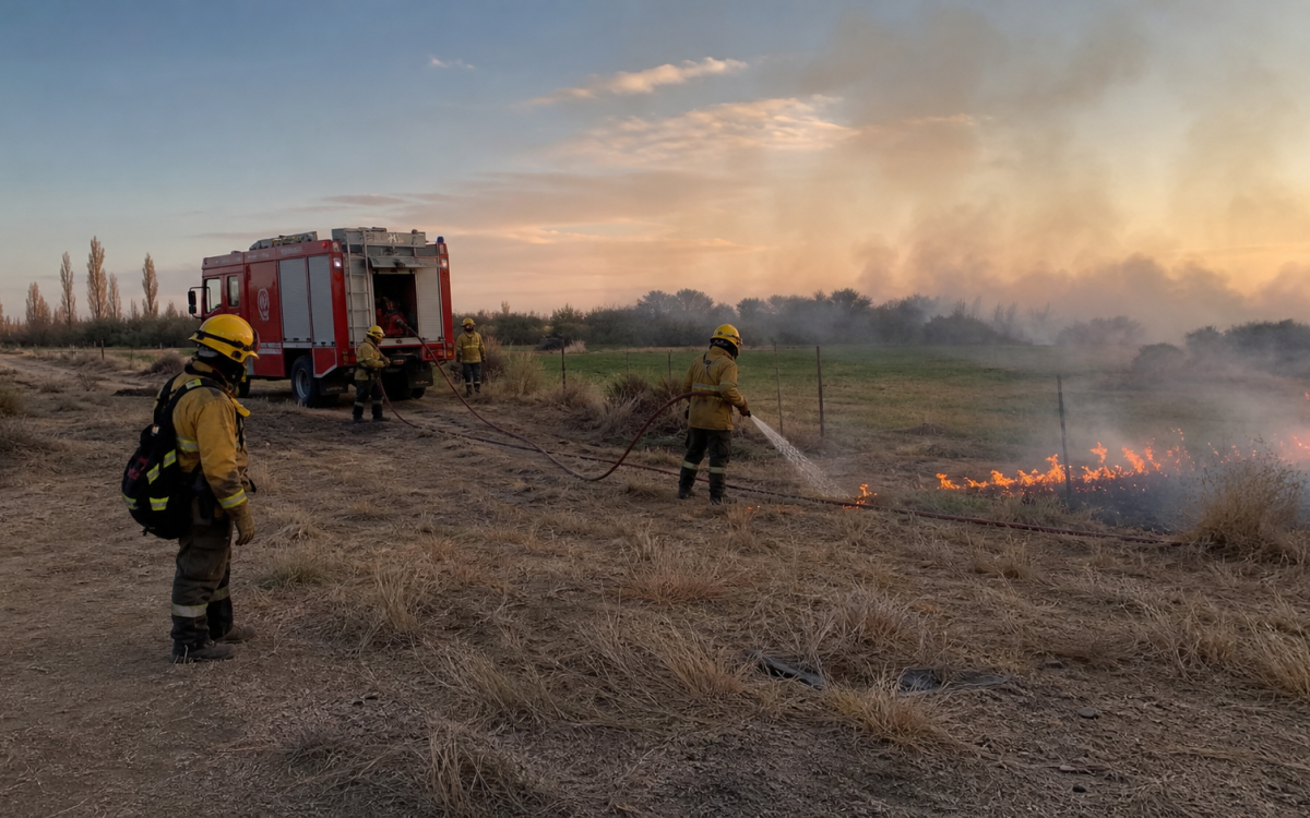 Imagen ilustrativa de bomberos controlando un incendio de pasturas en Médano de Oro