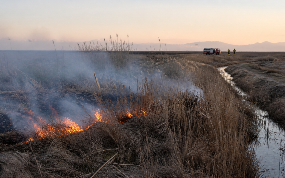 Imagen ilustrativa de un foco de incendio de pastizales en una zona rural de Médano de Oro