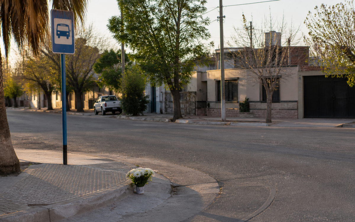 Imagen ilustrativa de una esquina barrial con una parada de colectivos en Villa San Damián, Rawson