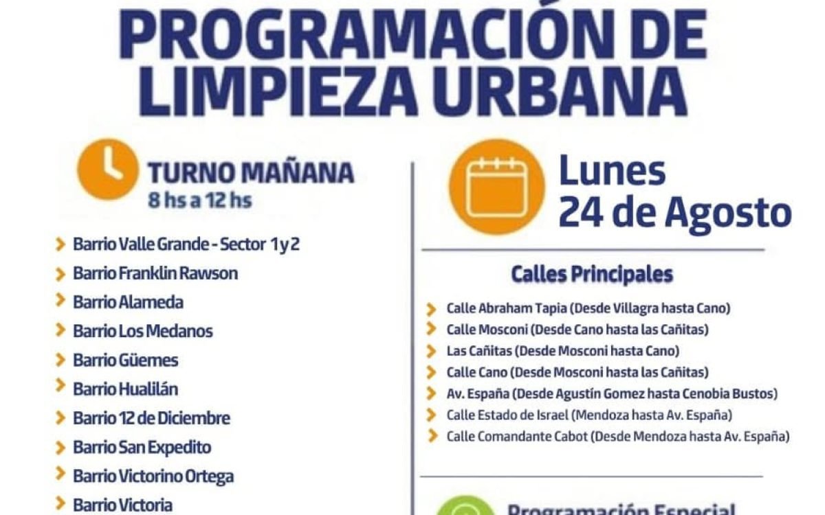 Cronograma municipal de limpieza urbana de Rawson para el lunes 24 de agosto de 2026