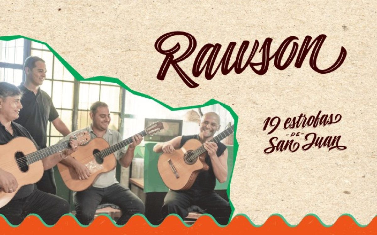 Músicos con guitarras en la imagen del homenaje a Rawson del ciclo San Juan tiene 19 estrofas