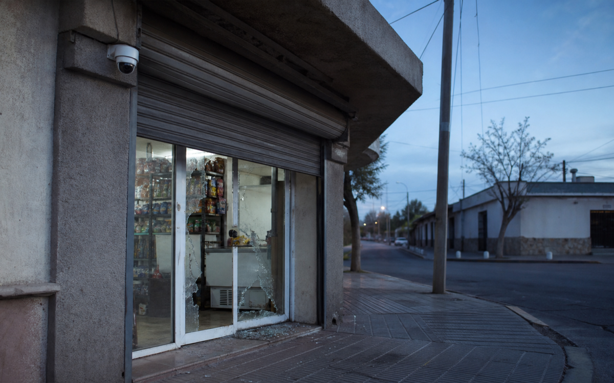 Imagen ilustrativa de la entrada de un comercio de barrio con una cámara de seguridad en Rawson