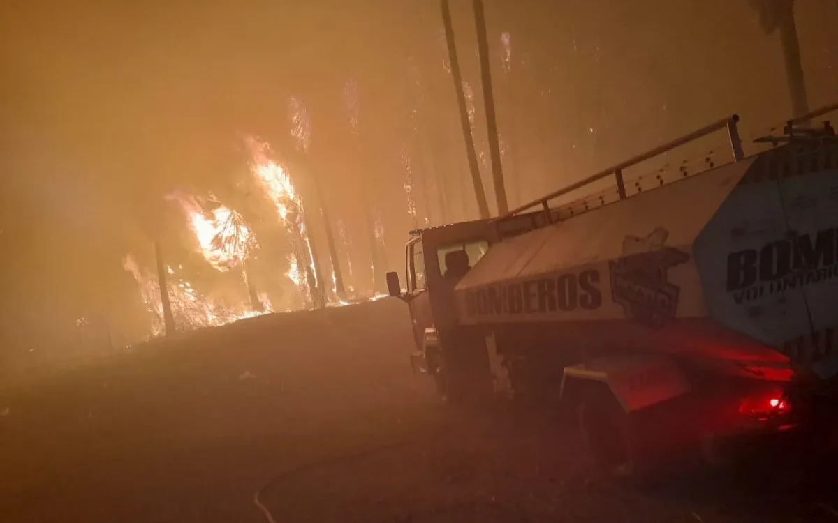 Bomberos trabajan durante incendios registrados en San Juan por el viento Zonda