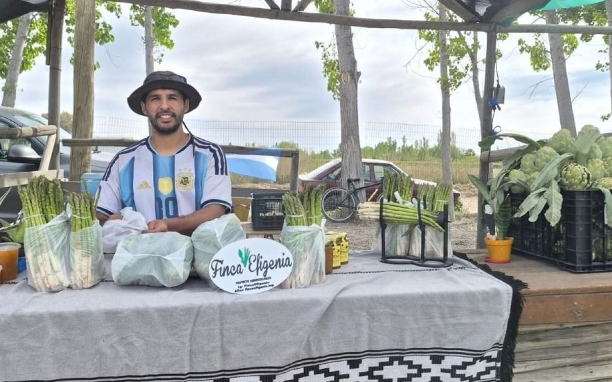 Productor de Finca Efigenia detrás de un puesto con espárragos y alcauciles en Médano de Oro.