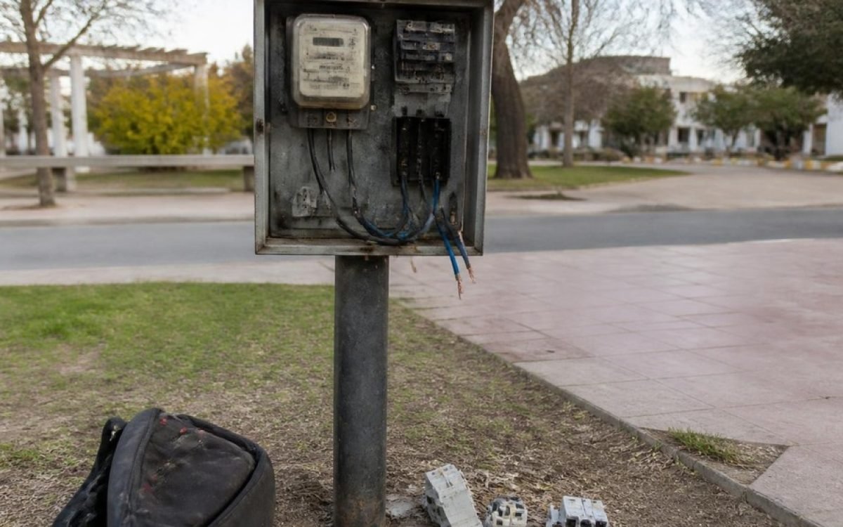 Tablero eléctrico abierto con cables cortados en una plaza. Imagen ilustrativa.