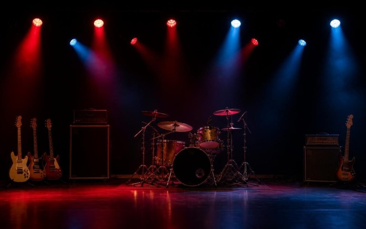 Escenario de rock con guitarras y batería bajo luces rojas y azules. Imagen ilustrativa.